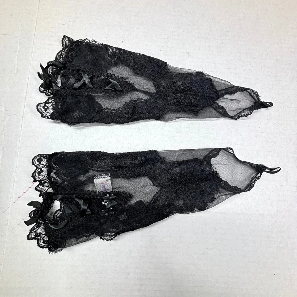 VTG Frederick's of Hollywood Black Lace Fingerless Gloves Bows S-2XL‎ Nylon EUC